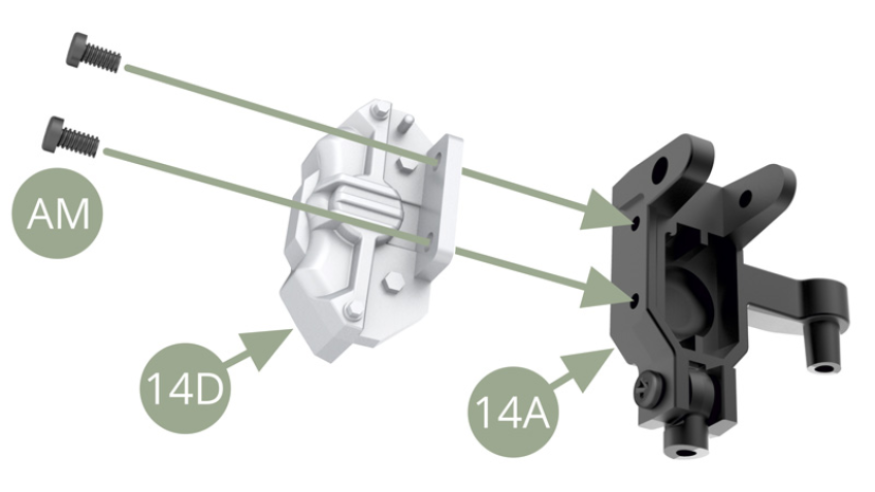 Fit 14D Brake caliper to 14A Hub carrier and fix with two AM screws.