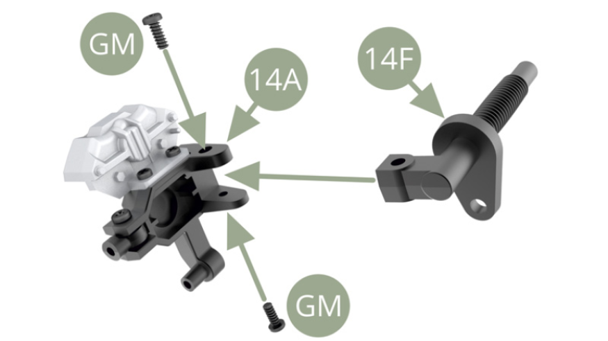 Fit 14F Front suspension strut to 14A Hub carrier and fix with two GM screws.