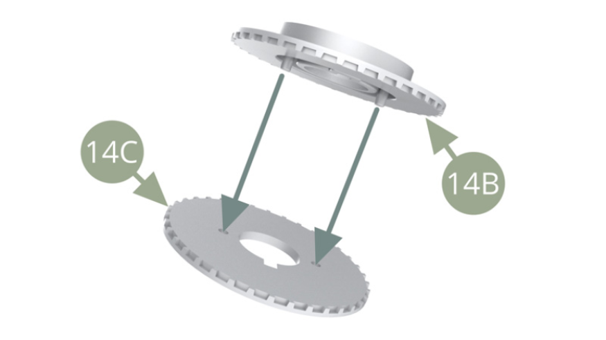 Fit together 14B Outer and 14C Inner Brake disc parts.