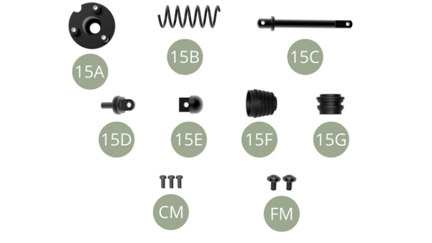 15A Coupelle supérieure15B Ressort de suspension15C Arbre de transmission15D Pivot de liaison15E Fusée de roue15F Soufflet en caoutchouc15G Soufflet en caoutchoucCM Vis M 1,7 x 4 mm (x 3)FM Vis M 2,3 x 3 x 5,5 mm (x 2)