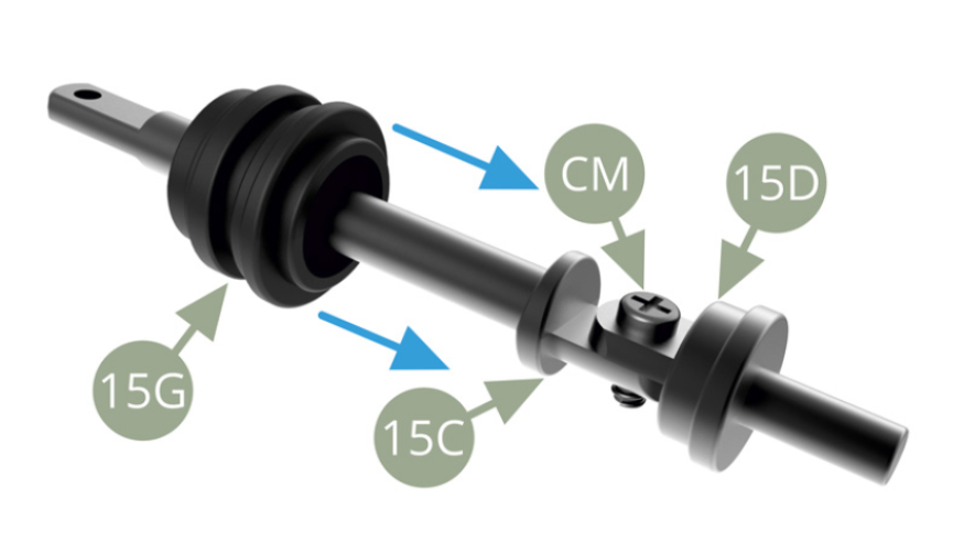 Fit 15G Rubber bellows onto 15C Driveshaft to cover the joint ( blue arrows motion ), as shown on top and bottom illustrations.