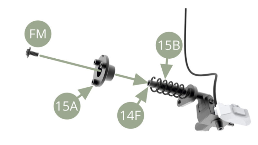 Fit 15A Top mounting to 14F Front suspension strut top and fix with FM screw. Do not overtighten FM screw , leave rotation freedom for 15A Top mounting , this will enable better steering function.