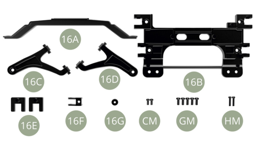 16A Lower suspension arm 16B Subframe16C Left Trailing link arm 16D Right Trailing link arm16E Clamp ( x2 )16F Bracket16G RollerCM 1,7 x 4 mm (x 2)GM 2,0 x 5 mm (x 5)HM 1,70 x 7 mm (x 2)