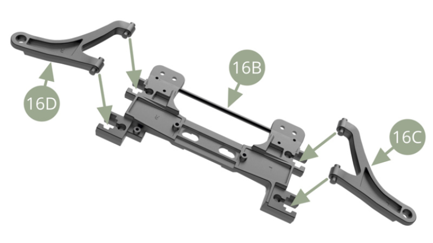 Fit 16C Left and 16D Right Trailing link arms to 16B Subframe.