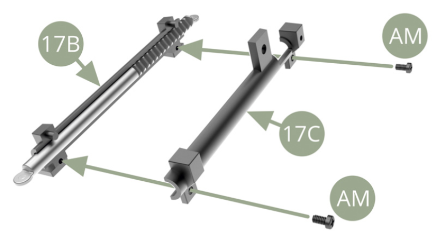 Montieren Sie 17C (Lenkgetriebekasten) an 17B (Lenkgetriebekasten) und mit zwei AM-Schrauben befestigen.