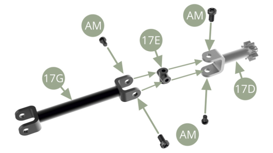 Montieren Sie 17E (Kreuzgelenk oben-unten) an 17D (Ritzel und Welle) und mit zwei AM-Schrauben befestigen. 17G (Zwischenwelle) an 17E (Kreuzgelenk) montieren (nicht eingerastet rechts-links) und mit zwei AM-Schrauben befestigen.