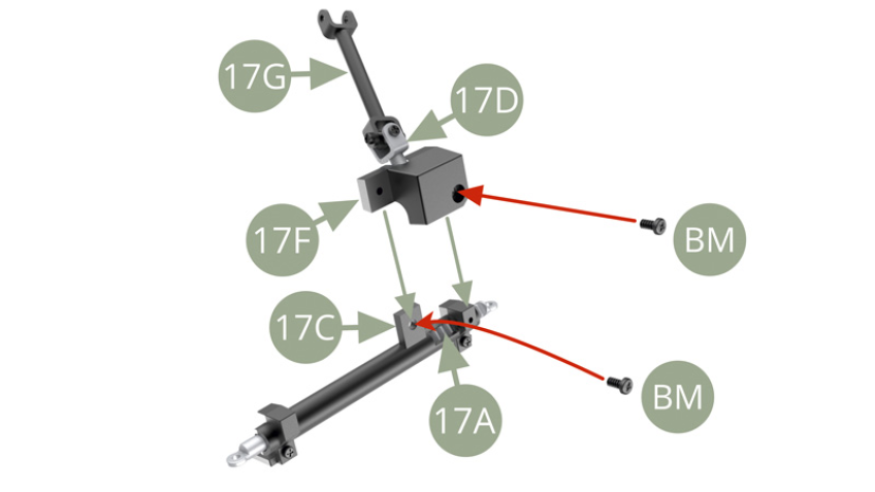 Fit 17F Gear cover to 17C Steering column , making sure to engage ( mesh ) 17D Pinion shaft with 17A Steering rack teeth , and fix with two BM screws.