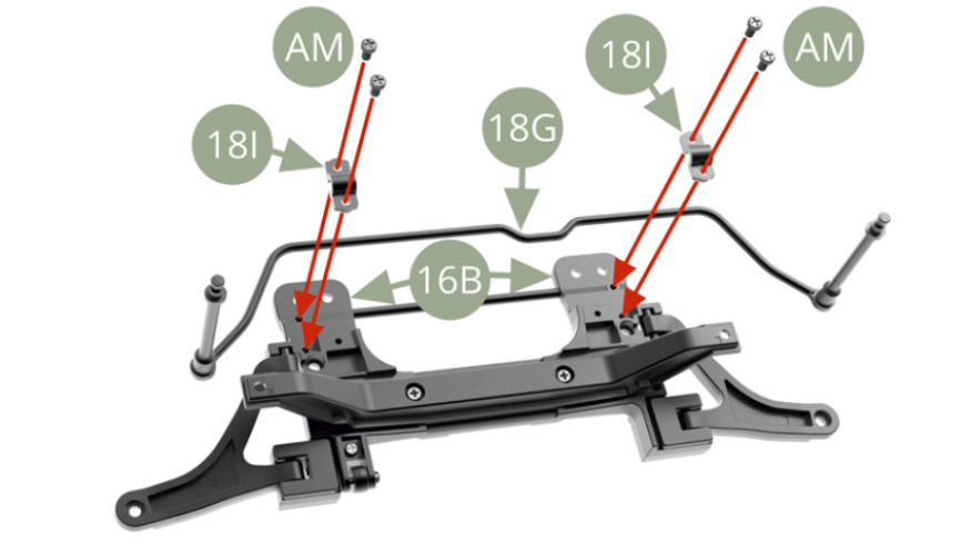 Attach 18G Anti-roll bar to 16B Subframe with two 18I Clamps and fix each clamp with two AM screws.