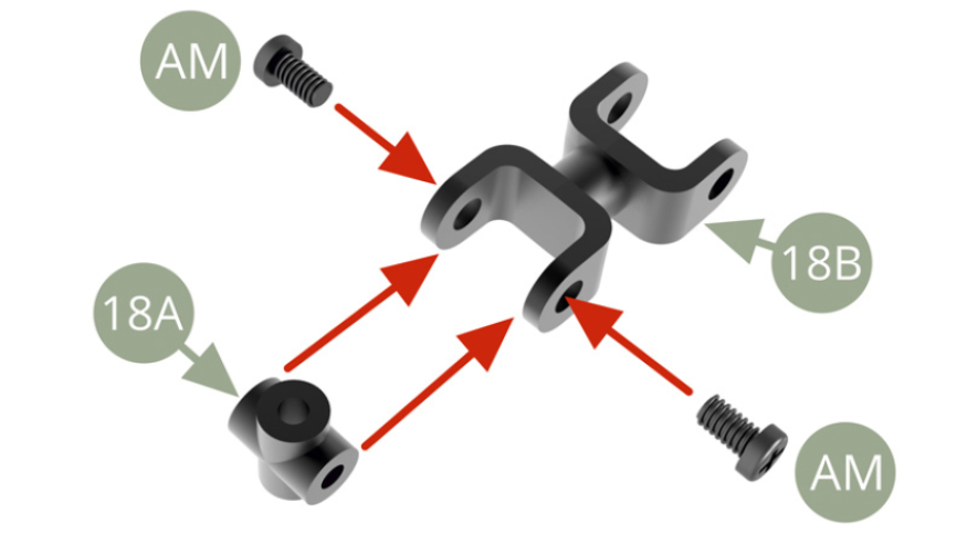 Fit 18A Universal joint to 18B Shaft link and fix with two AM screws.