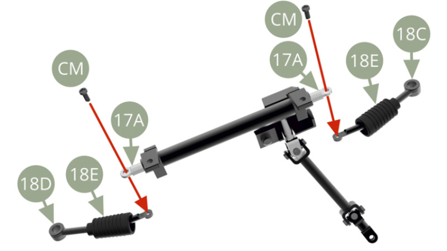 Fit two 18E Rubber bellows to 18C Left and 18D Right Track rods . Fit 18C Left and 18D Right Track rods to 17A Steering rack ends and fix with two CM screws. 