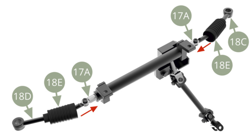 Slide two 18E Rubber bellows to cover 17A Steering rack end joints.