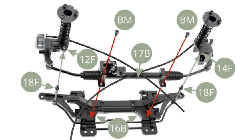 Fit 17B Steering column to 16B Subframe and fix with two BM screws . At the same time , guide two 18F Link arms to fit 12F and 14F Front suspension struts.