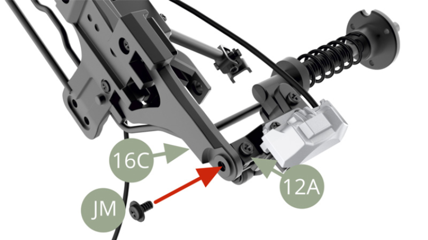 Align 12A Hub carrier to 16C Left trailing link arm and fix with JM screw . Don’t overtighten , to allow steering function.