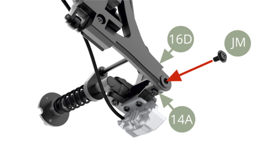 Align 14A Hub carrier to 16D Right trailing link arm and fix with JM screw . Don’t overtighten , to allow steering function.