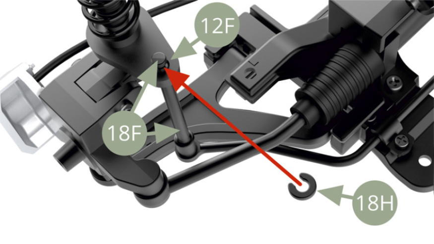 Verrouiller l’extrémité supérieure du bras de liaison 18F sur le bras de suspension avant 12F avec un circlip 18H.