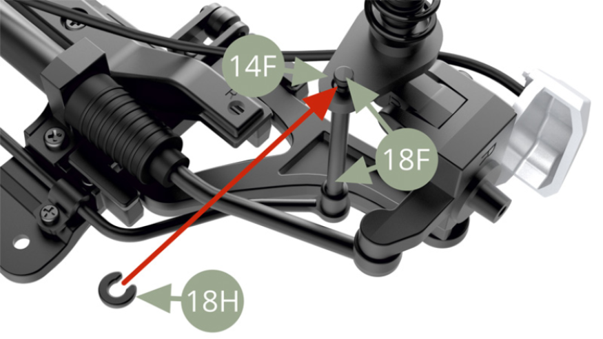 Secure 18F Link arm top end to 14F Front suspension strut with 18H Clip.