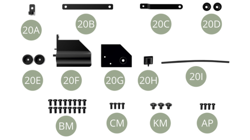 20A Bracket20B Bonnet support link20C Bonnet support link20D Spacer ( x2 )20E Top mounting pad ( x2 )20F Ignition coil housing20G Back plate20H Ignition coil20I High tension leadBM M 2,0 x 4 mm (x 16)CM M 1,7 x 4 mm (x 4)KM M 2,3 x 4 x 5,5 mm (x 3)AP 1,7 x 4 mm (x 4)