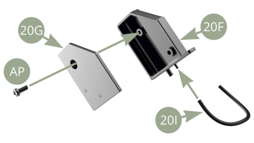 Fit 20G Back plate to 20F Ignition coil housing and fix with AP screw. Fit 20I High tension lead to 20F Ignition coil housing nozzle.