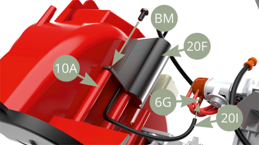 Fit 20F Ignition coil housing to 10A Front wheel arc frame and fix with BM screw.