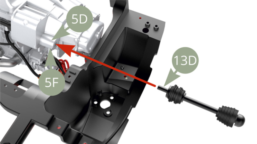 Fit 13D Pivot link to socket formed by 5D Bottom and 5F Top Gearbox housings.