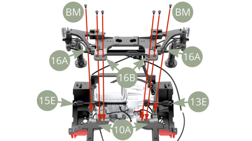 Fit 16A Lower suspension arm and 16B Subframe to 10A Front wheel arc frame to fix with six BM screws . Prior to fixing with screws , and while performing fitting motion ( blue arrows on illustration below ) , guide 13E and 15E Stub axles to fit in back cavities of 12A and 14A Hub carriers . Also at the same time , guide 13A and 15A Top mountings to meet their respective sockets in 10A Front wheel arcs . To better understand the above described , take a look at eight following close up illustrations with pertinent comments.