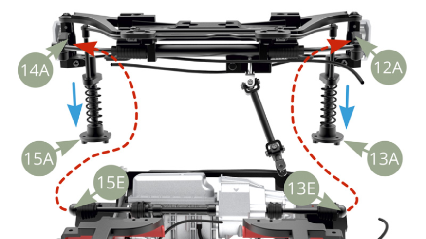 Guide 13E and 15E Stub axles to fit in back cavities of 12A and 14A Hub carriers.