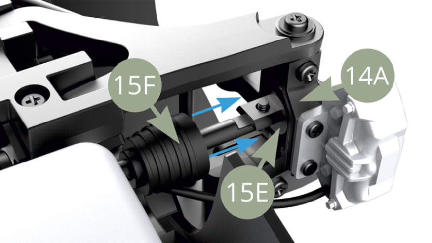15E Achsschenkel passt in den hinteren Hohlraum des 14A Nabenträgers. Bringen Sie den 15F-Gummibalg auf den 14A-Nabenträger.