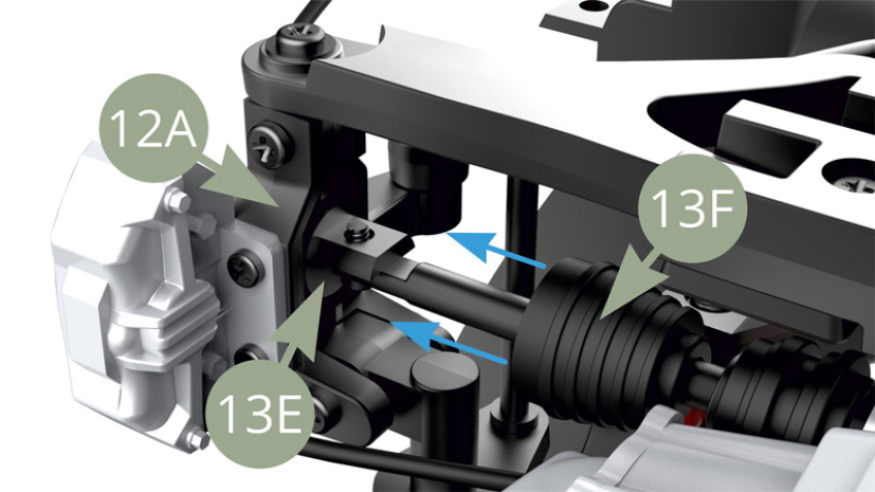 13E Stub axle fit into back cavity of 12A Hub carrier . Move 13F Rubber bellows to 12A Hub carrier.