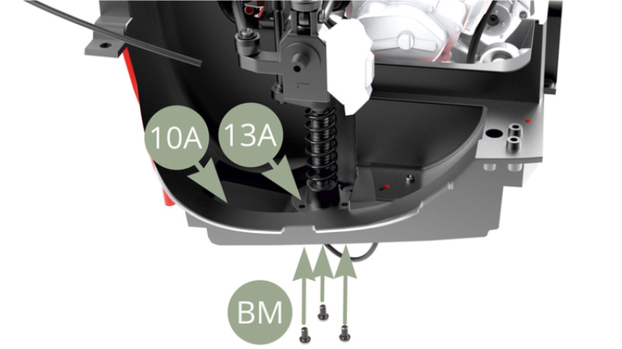 Fit 13A Top mounting to 10A Front wheel arc frame and fix with three BM screws ( illustration above and below ).