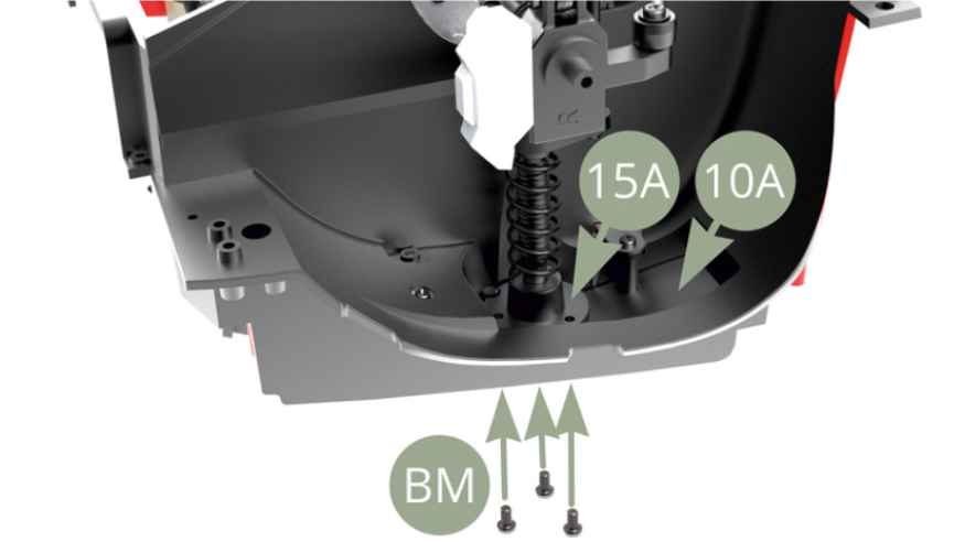 Fit 15A Top mounting to 10A Front wheel arc frame and fix with three BM screws ( illustration above and below ).