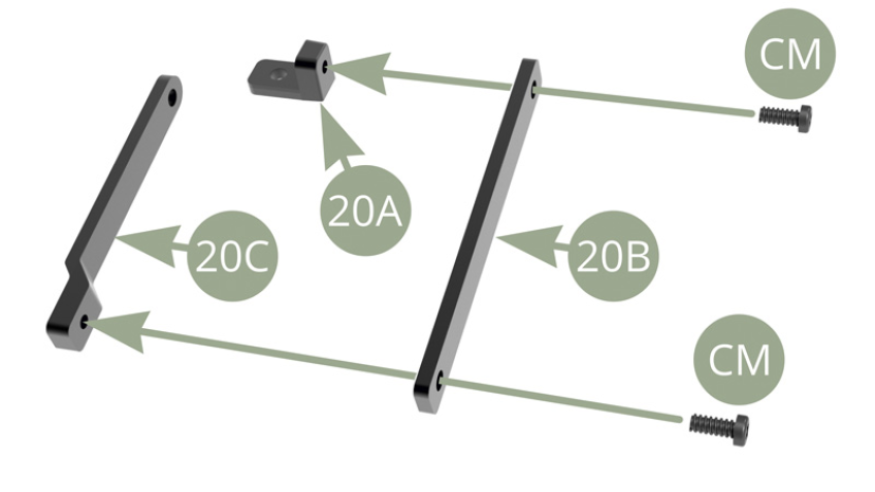 Fit 20C Bonnet support link and 20A Bracket to 20B Bonnet support link and fix with two CM screws.