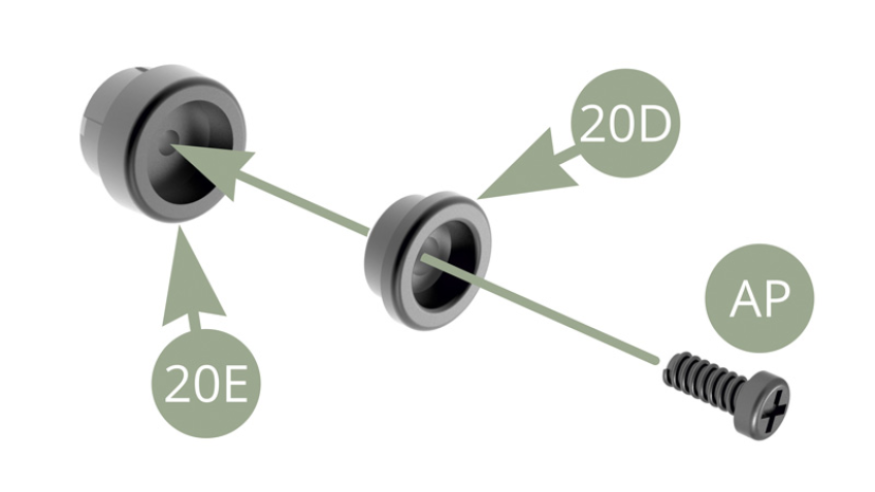 Positionner l’entretoise 20D sur le cabochon supérieur 20E et le fixer avec une vis AP.