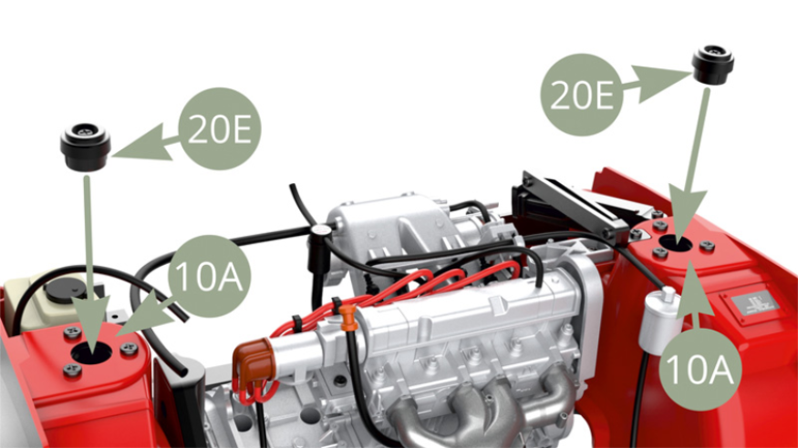 Repite la operación con el otro juego de piezas. Monta los dos 20E (Anclaje superior amortiguador) en 10A (Compartimento motor).