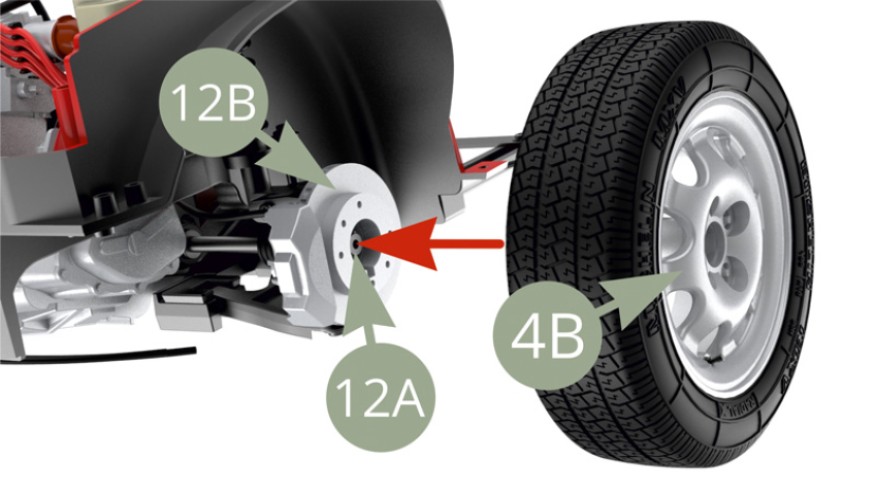 Mount 4B Wheel rim hub to 12A Hub carrier axle.