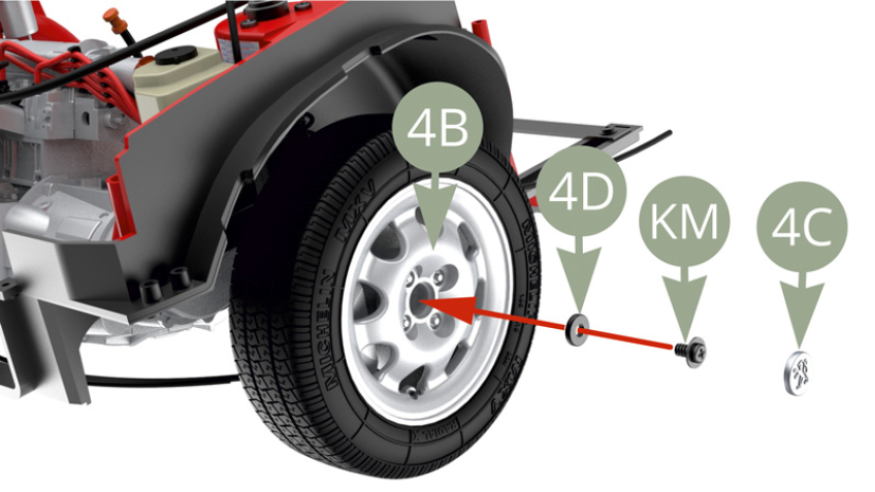 Fix 4B Wheel rim hub with KM screw via 4D Washer.