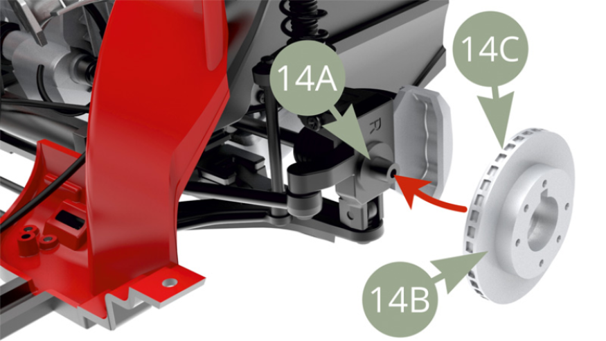 Instala 14B y 14C (Disco de freno) en 14A (Mangueta).