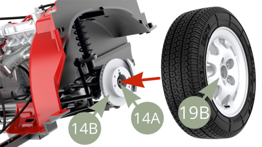 Mount 19B Wheel rim hub to 14A Hub carrier axle.