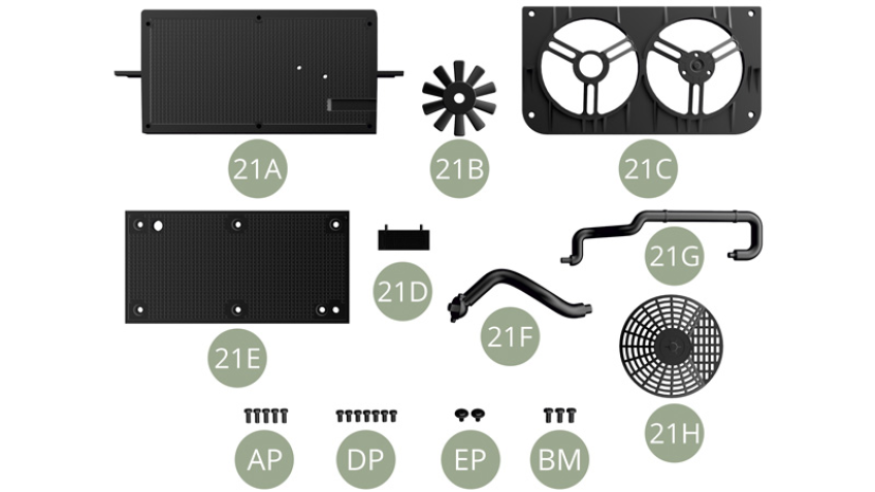 21A Radiator case21B Rear panel21C Cooling fan21D Cooling fan frame21E Oil radiator21F Coolant hose21G Coolant hose21H Cooling fan motor gridAP M 1,7 x 4 mm (x 5)DP M 1,7 x 3 mm (x 7)EP M 1,7 x 3 x 5 mm (x 2)BM M 2,0 x 4 mm (x 3)