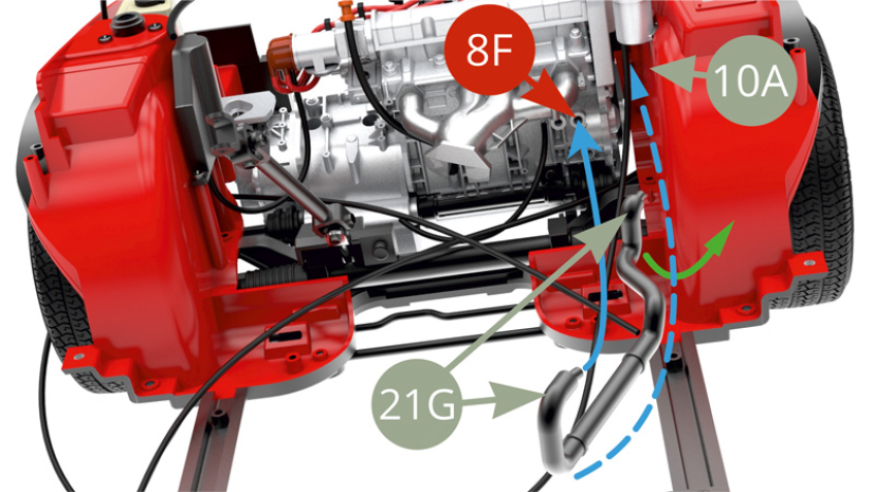 Fit 21G Coolant hose along 10A Right front wheel arc ( blue dashed arrow ) moving it forward and rotating counter clock wise ( green arrow ) to achieve its rear end fitting into 8F Right engine block socket ( illustrations below ) .