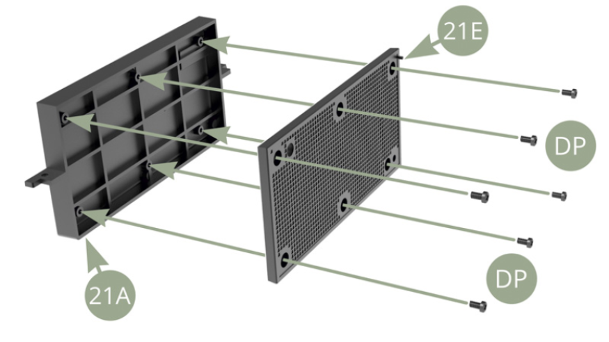 Fit 21E Rear panel to 21A Radiator case and fix with six DP screws .