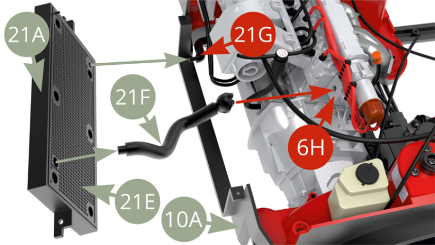 Montieren Sie als Nächstes 21A (Kühlergehäuse) an 10A (Vorderrad), während Sie 21E (Kühlerrückwand) mit 21G (Kühlerunterschlauch) und 21F (Kühleroberschlauch) verbinden, wobei das andere Ende des letzteren an 6H (Thermostatgehäuse) befestigt wird (Abbildungen unten).