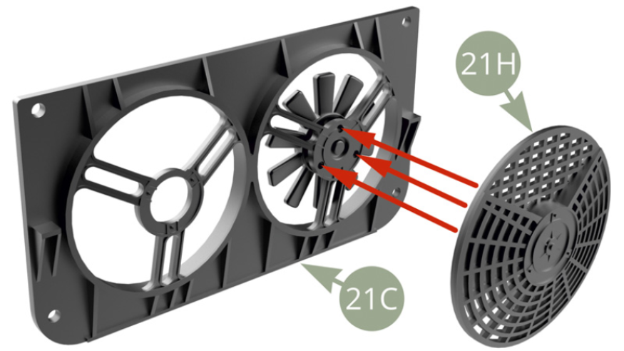 Fit 21H Cooling fan motor grid by its three pegs to 21C Cooling fan frame.