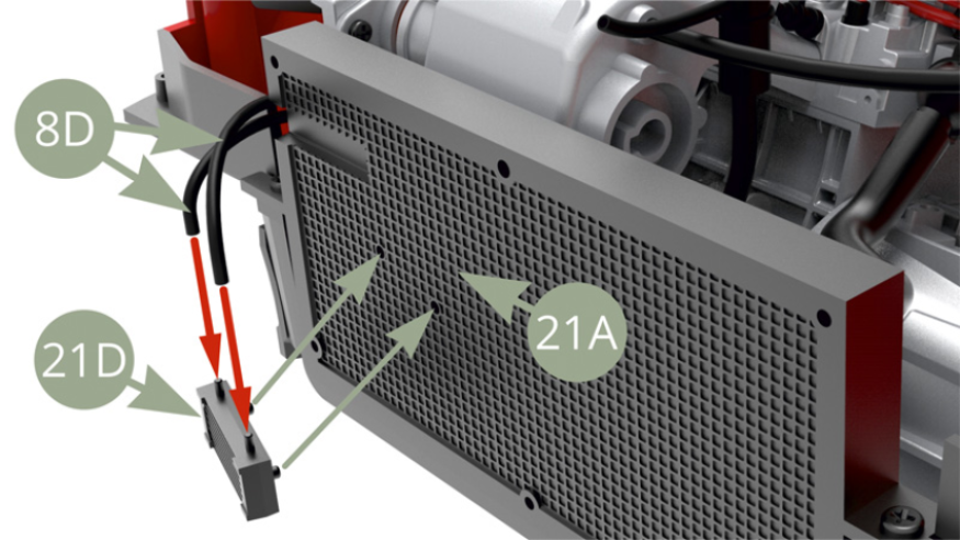 Raccorder les deux durites d’huile 8D aux buses du radiateur d’huile 21D et positionner celui-ci sur le radiateur 21A.