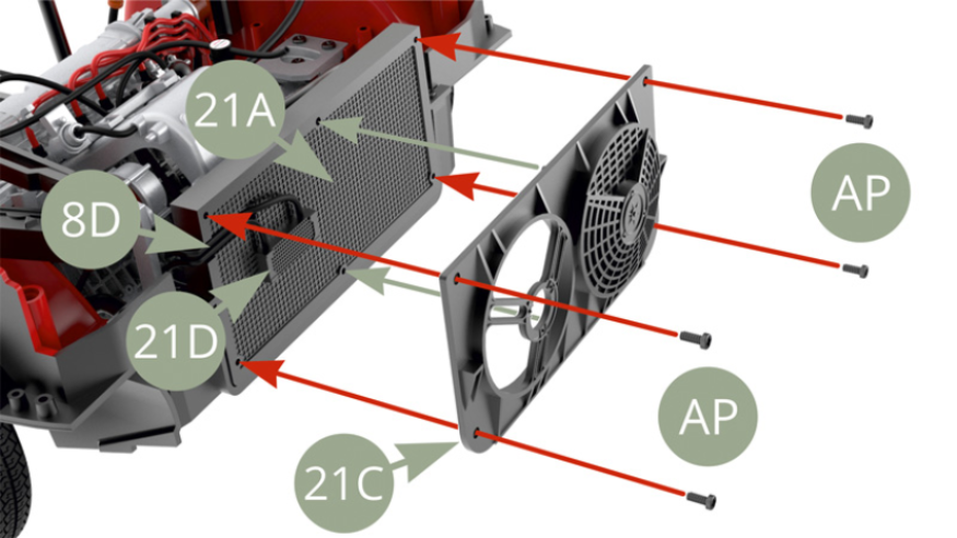 Fit 21C Cooling fan frame to 21A Radiator case and fix with four AP screws.