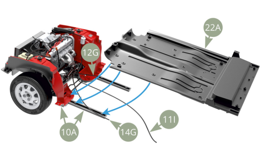 Align 22A Chassis panel to 10A Front wheel arc frame bars . Pass 11I Fuel feed pipe under 22A Chassis panel ( see next illustration ) and leave 12G and 14G Brake fluid pipes on top of 22A Chassis panel.