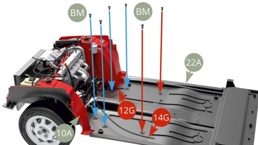 Fix 22A Chassis panel to 10A Front wheel arc frame with six BM screws.