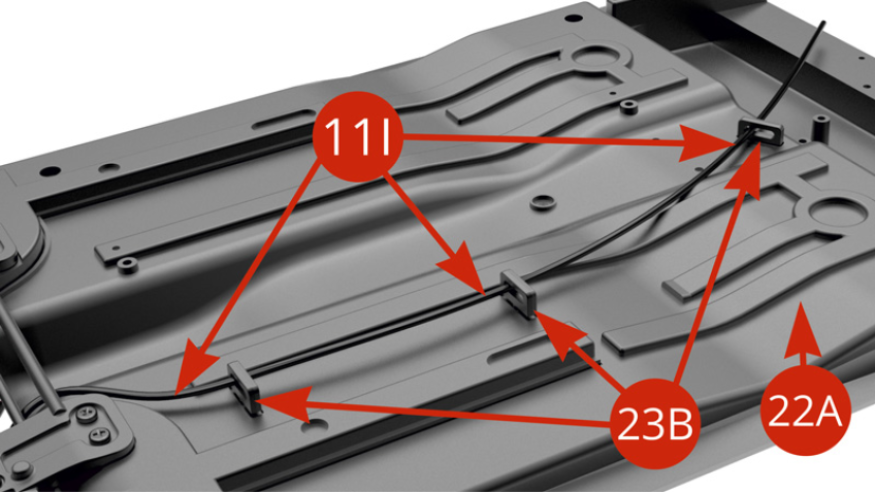 Pass 11I Fuel feed pipe through three 23B Fuel/brake lines clamps.