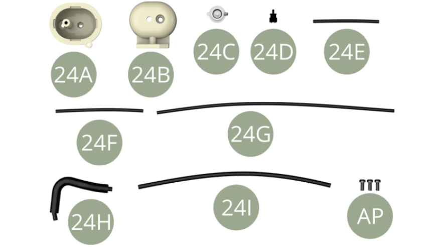 24A Coolant expansion bottle top24B Coolant expansion bottle bottom24C Cap24D Coolant level sensor 24E Coolant level sensor pipe24F Coolant overflow hose24G Radiator coolant hose24H Engine block coolant hose24I Engine wiring loomAP 1,7 x 4 mm (x 3)