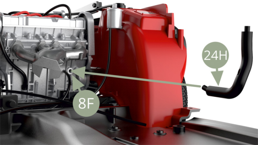 Fit 24H Engine block coolant hose to the socket on 8F Right Engine block ( bottom illustrations ).