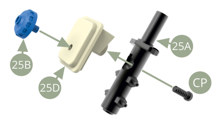 Monta 25B (Tapa) y 25D (Depósito de líquido de frenos). Monta 25D (Depósito de líquido de frenos) en 25A (Cilindro maestro de frenos) y fíjalo con el tornillo CP.